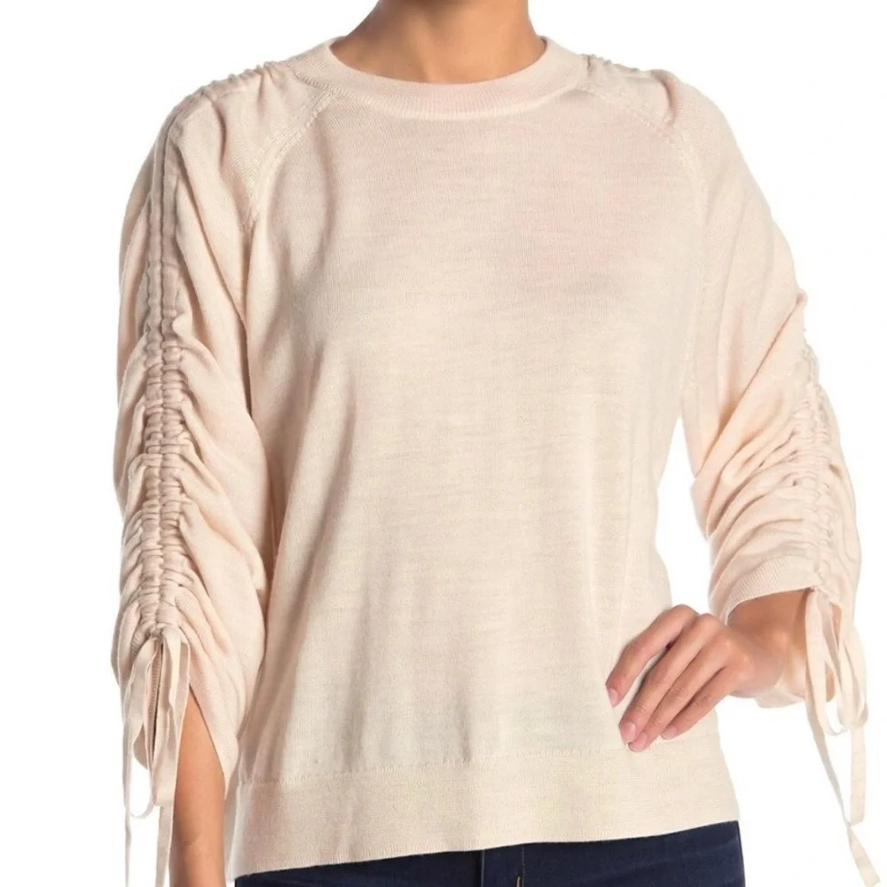 ALL SAINTS Merino Wool Ero Cream Ruched Sleeve Sweater